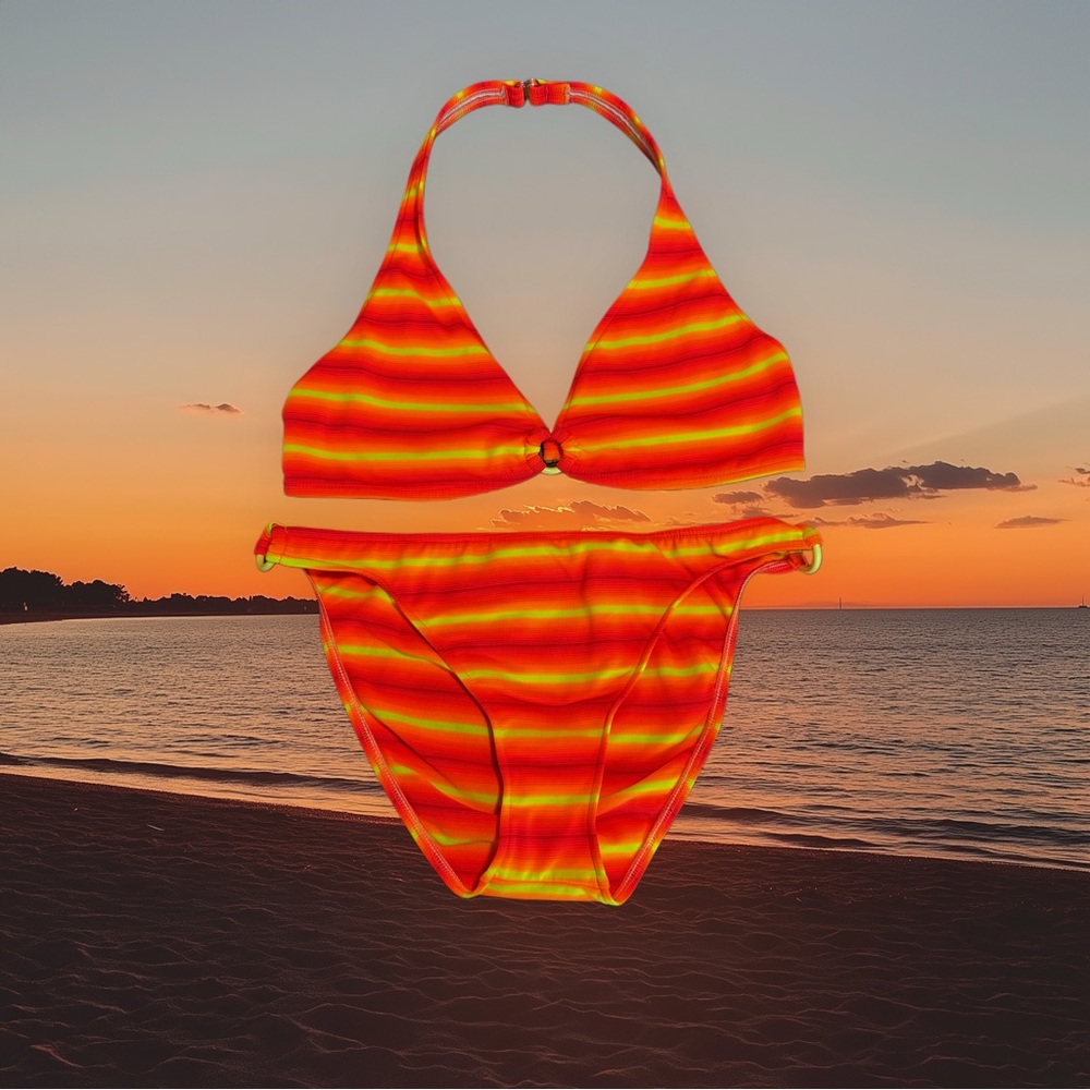 🌴Vintage Neon Orange & Yellow Striped Bikini- Two Piece Swim 👙